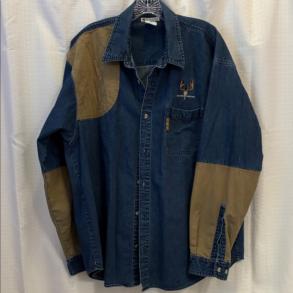 Vintage Columbia Hunting Denim Shirt Jacket with Brown Reinforced Panels Men XL
